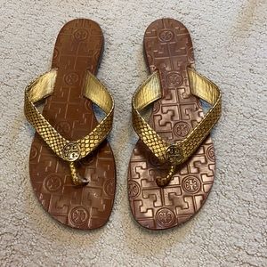 Tory Burch gold snake skin Thora flip flop